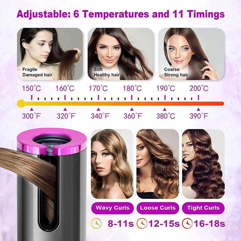 Hair Curler Automatic Cordless Curling Iron Wireless Hair Curler with LCD Temperature Display and Timer, Portable Rechargeable Ceramic Automatic Hair Curler Wand Fast Heating