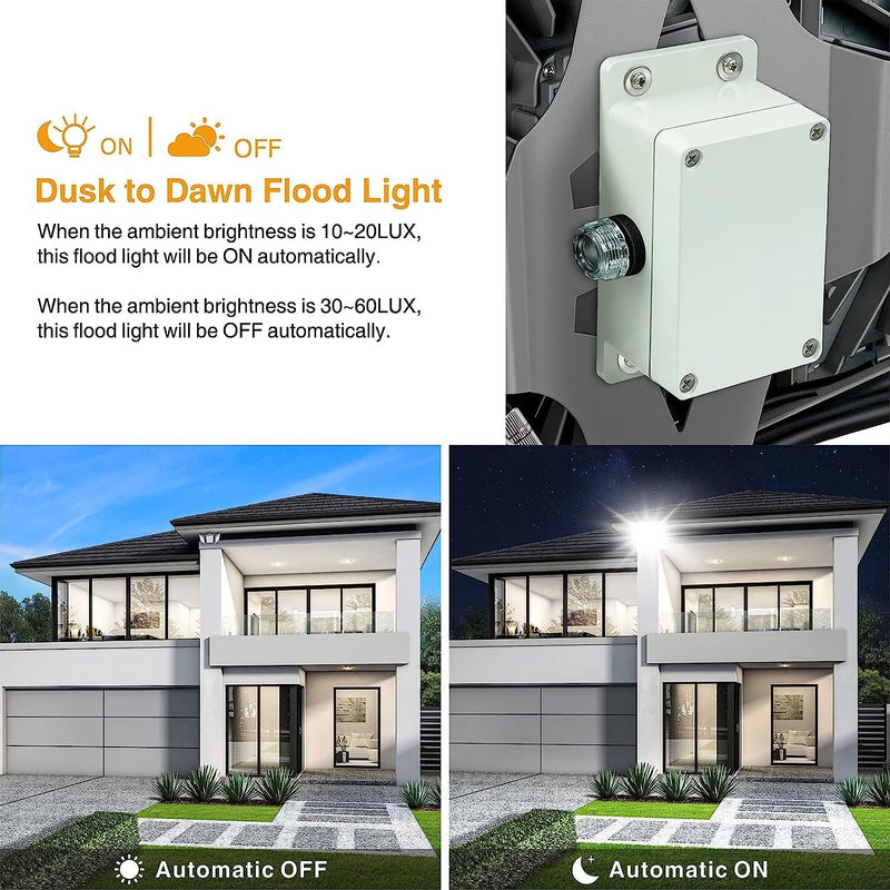 LED Flood Lights Outdoor, 150W 13500LM Dusk to Dawn Outdoor Lighting with Photocell, IP66 Waterproof, 5000K, 3 Heads Adjustable Wide outside Lighting for Parking Lot, Yard, Street, Stadium