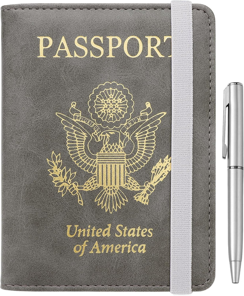 Passport Holder for Travel, RFID Passport Cover Wallet for Women Men, PU Leather Passport Book Card Holder Case with Pen, Travelling Essentials for Flying