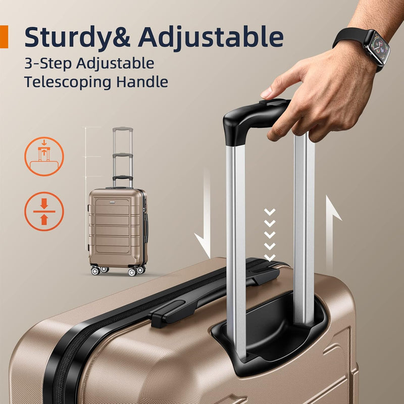 Luggage Sets Expandable PC+ABS Durable Suitcase Double Wheels TSA Lock 3Pcs, Champagne