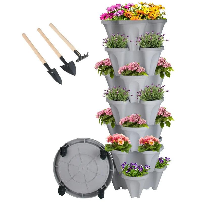 7 Tier Stackable Strawberry, Herb, Flower, and Vegetable Planter - Vertical Garden Indoor/Outdoor(Gray)