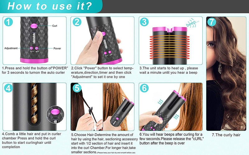 Hair Curler Automatic Cordless Curling Iron Wireless Hair Curler with LCD Temperature Display and Timer, Portable Rechargeable Ceramic Automatic Hair Curler Wand Fast Heating