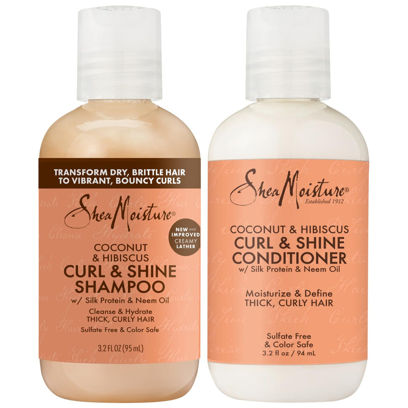 Curl & Shine Shampoo & Conditioner, Travel-Size – Coconut & Hibiscus Curly Hair Products for Shine & Frizz Control, 3.2 Oz Ea (2 Piece Set)