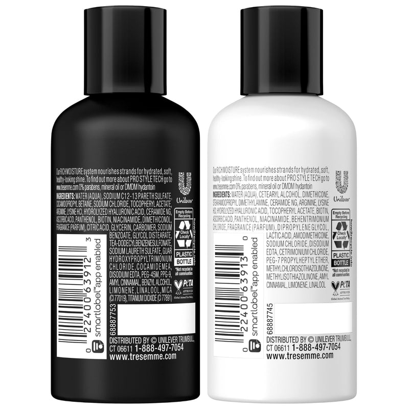 Tresemme Shampoo & Conditioner, Sulfate-Free, Travel Size - Moisture Rich Hair Treatment for Dry, Damaged Hair, Mini Shampoo & Conditioner for Hair Repair, Scented, 3 Oz Ea (2 Piece Set)