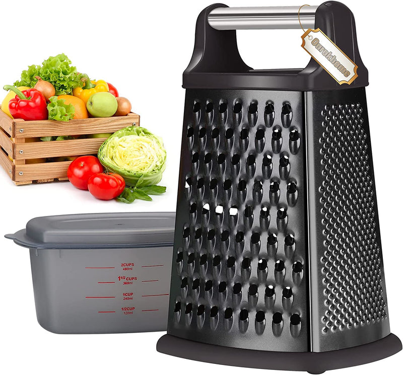 Cheese Grater with Handle, 4 Side Box Grater - Stainless Steel 10 Inch Cheese Slicer Shredder for Kitchen with a Storage Container (Black and Black)