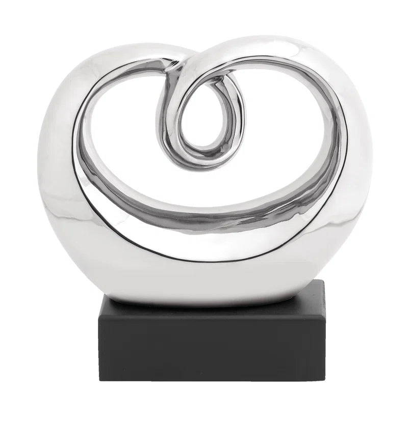 Allye Ceramic Swirl Abstract Decorative Silver Sculpture with Black Base