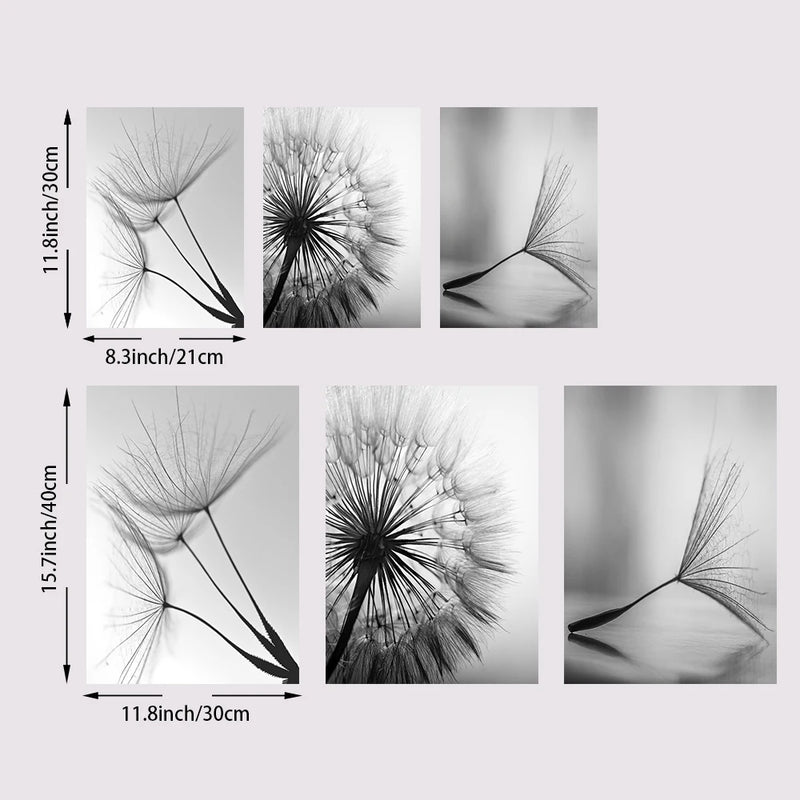 3PCS Black and White Wall Art Canvas Painting Dandelion Flower Pictures Poster and Prints Home Decorative Artworks for Kitchen