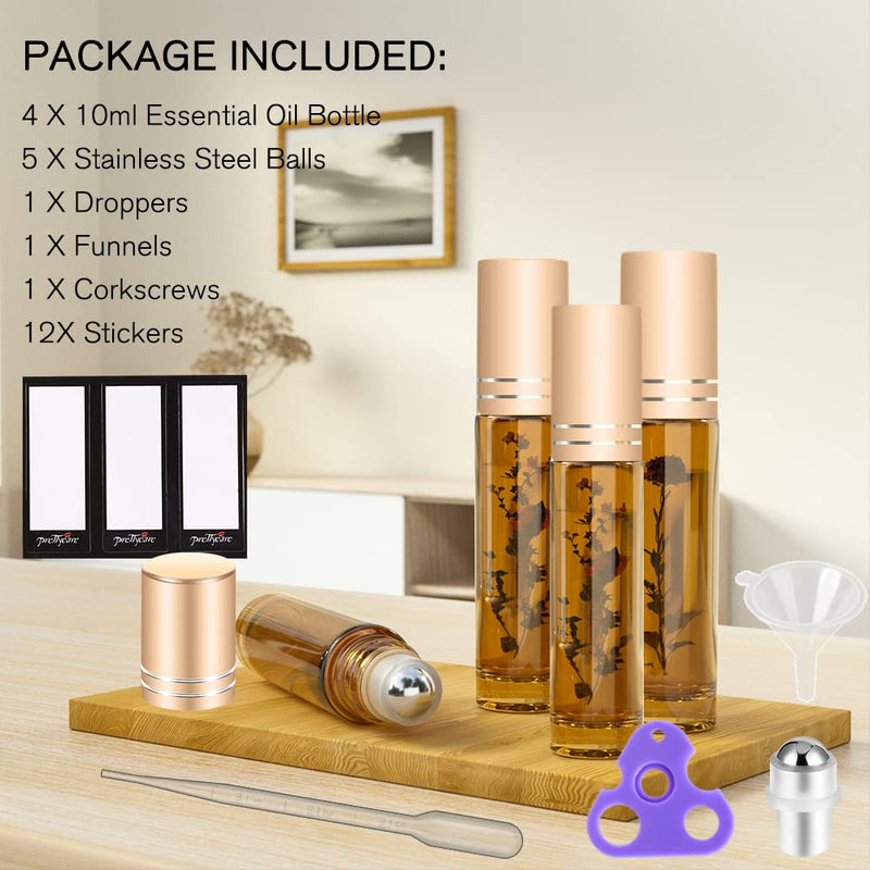 Essential Oil Roller Bottles for Oils 10Ml Glass Amber Perfume Bottles Empty with Extra Roller Balls, Opener, Funnel, Pipette, Labels, 4Pack Roll on Bottles