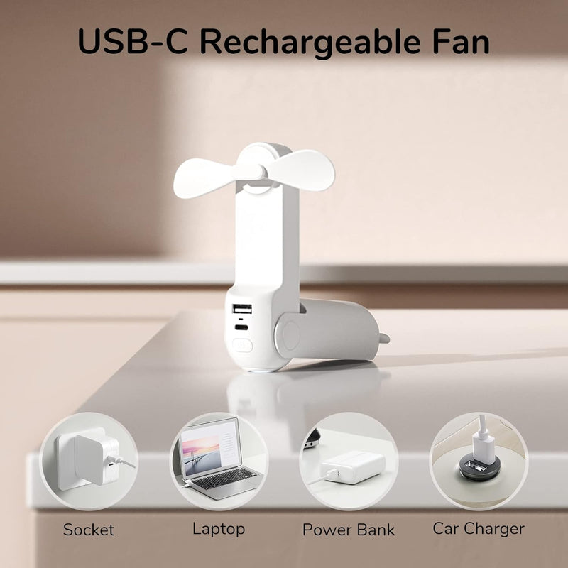 Handheld Mini Fan, 3 in 1 Hand Fan, USB Rechargeable Small Pocket Fan [12-19 Working Hours] with Power Bank, Flashlight, Portable Fan for Travel/Summer/Concerts/Lash, Gifts for Women(White)