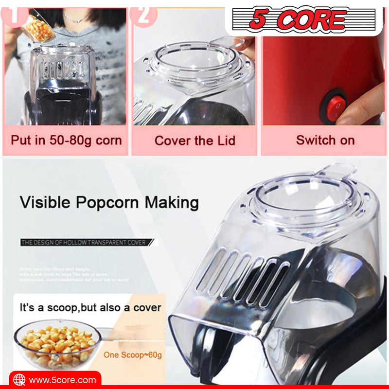 5Core Hot Air Popcorn Machine, 16 Cup, Electric Oil-Free Pop Corn Kernel Popper Bpa-Free Food Safe Red