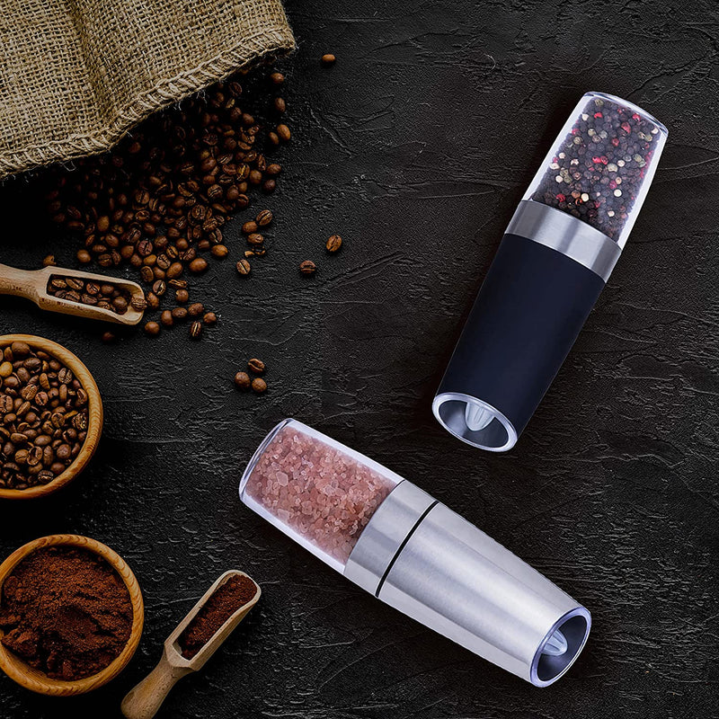 Gravity Electric Salt and Pepper Grinder Set,Battery Operated Automatic Salt and Pepper Mill Set - Blue LED Light,Adjustable Coarseness,One Handed Operation(Black 2 Pack)