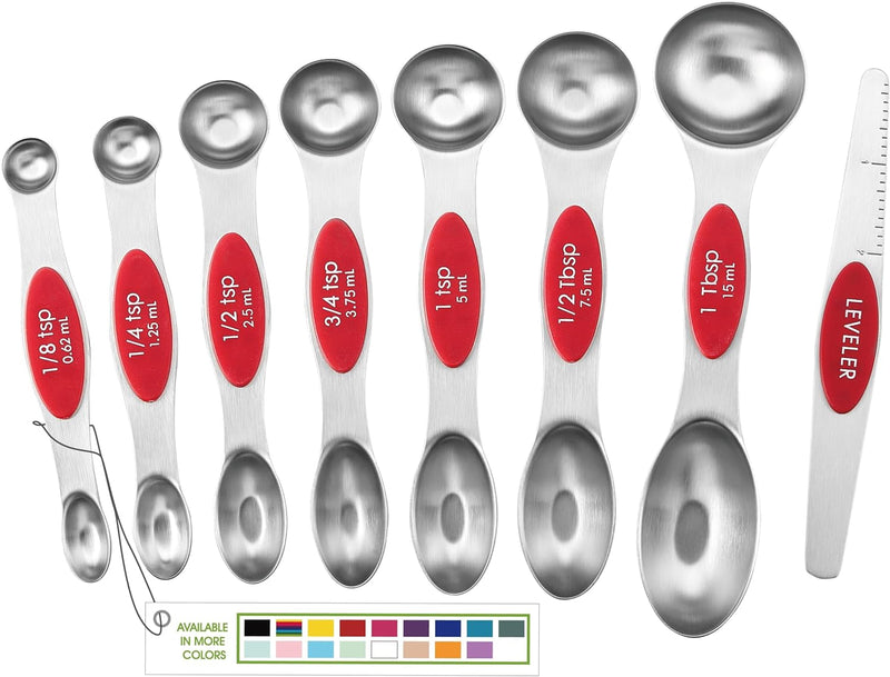 Magnetic Measuring Spoons Set, Dual Sided, Stainless Steel, Fits in Spice Jars, Red, Set of 8