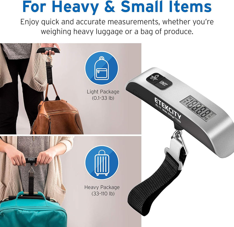 Luggage Scale for Travel Essentials, Digital Suitcase Weight Scale with Hook, Portable Hanging Baggage Scale for Airplane Travel Essentials, 110 Pounds, Battery Included