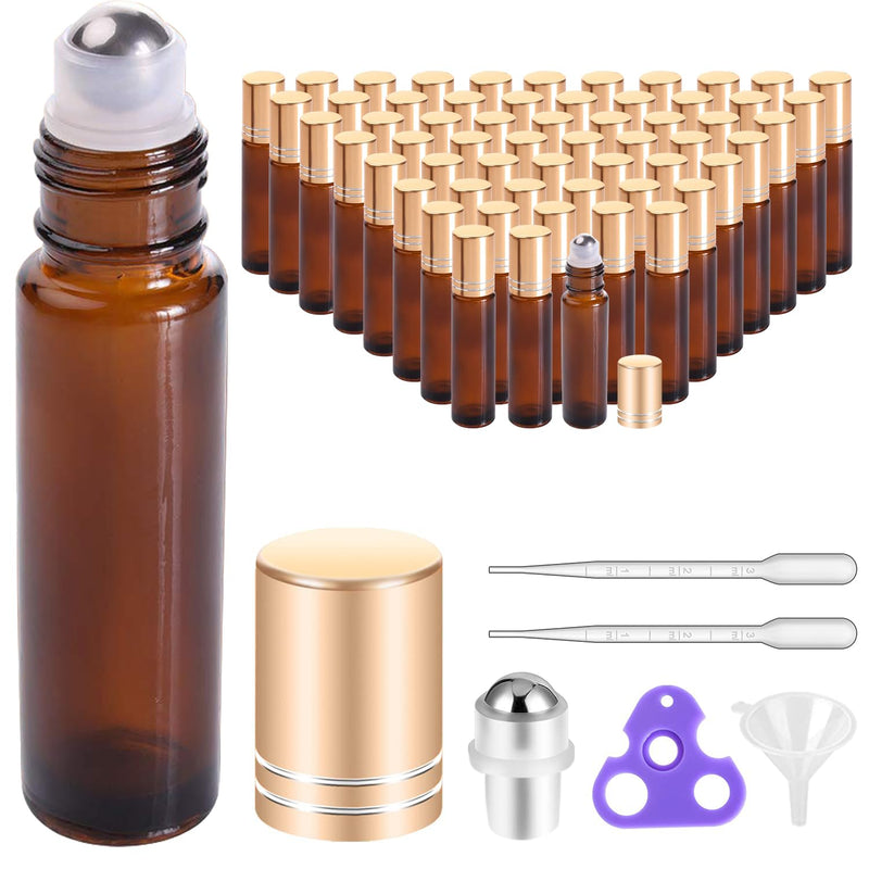 Essential Oil Roller Bottles for Oils 10Ml Glass Amber Perfume Bottles Empty with Extra Roller Balls, Opener, Funnel, Pipette, Labels, 4Pack Roll on Bottles