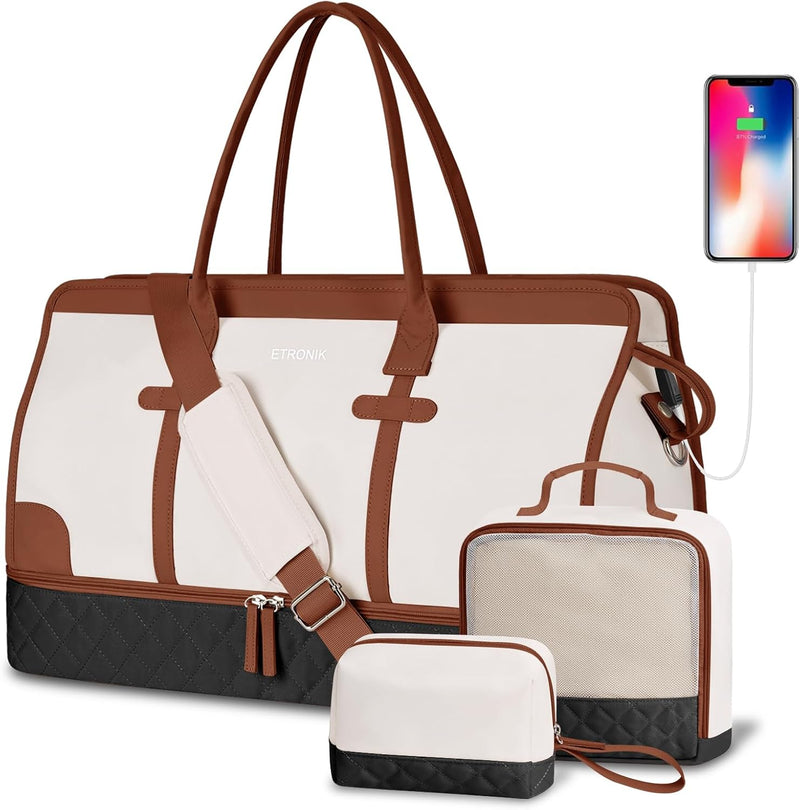 Weekender Overnight Bag for Women, Large Travel Duffle Bag with Shoe Compartment & Wet Pocket, Carry on Tote Bag Gym Duffel Bag with Toiletry Bag for Hospital 3 Pc Set, Large Size, Off-White