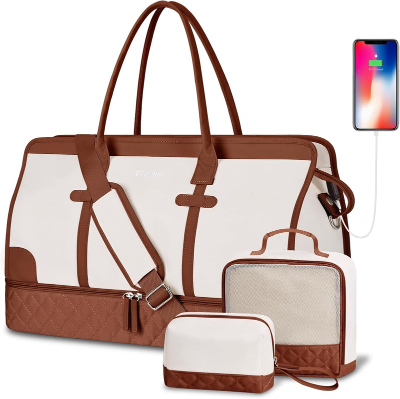 Weekender Overnight Bag for Women, Large Travel Duffle Bag with Shoe Compartment & Wet Pocket, Carry on Tote Bag Gym Duffel Bag with Toiletry Bag for Hospital 3 Pc Set, Large Size, Off-White