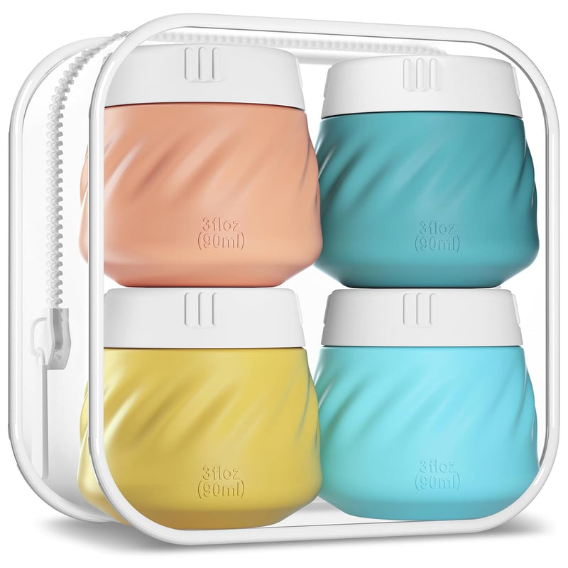 Travel Containers for Toiletries, Silicone Cream Jars TSA Approved Travel Size Containers with Clear Bag, Leak-Proof Travel Accessories with Lid for Cosmetic Face Body Hand Cream (4 Pack)