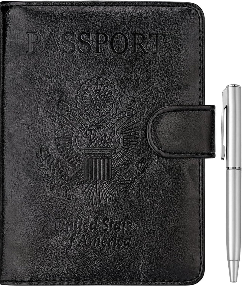 Passport Holder for Travel, RFID Passport Cover Wallet for Women Men, PU Leather Passport Book Card Holder Case with Pen, Travelling Essentials for Flying