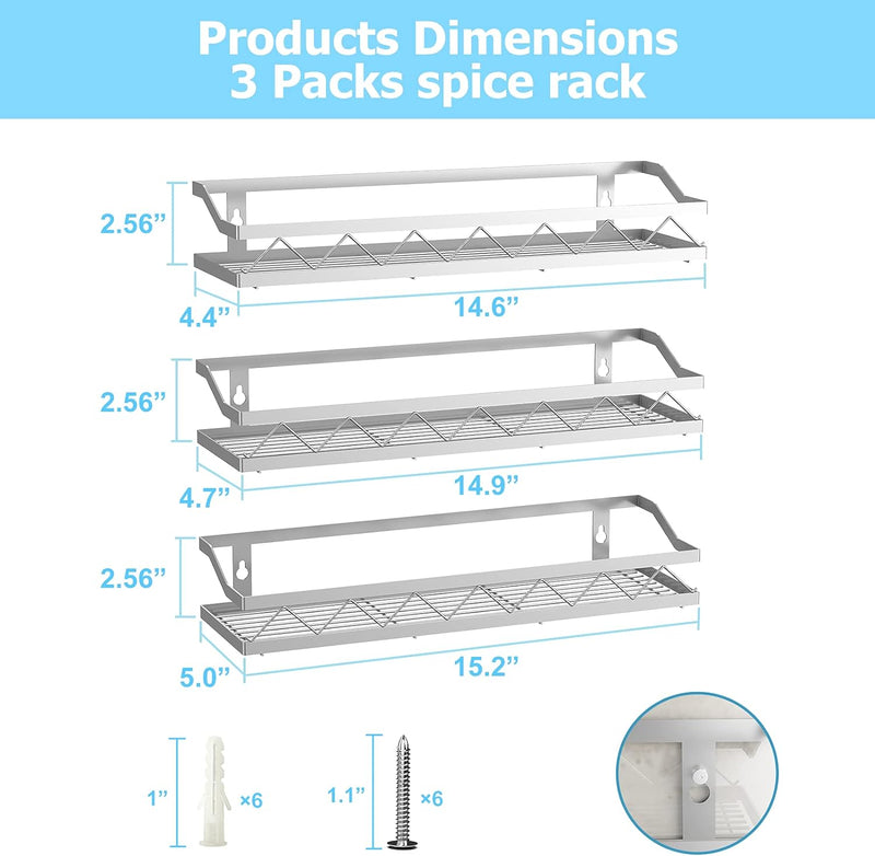 Cabinet Wall Mount Hanging Spice Rack Organizer (3 Pack)