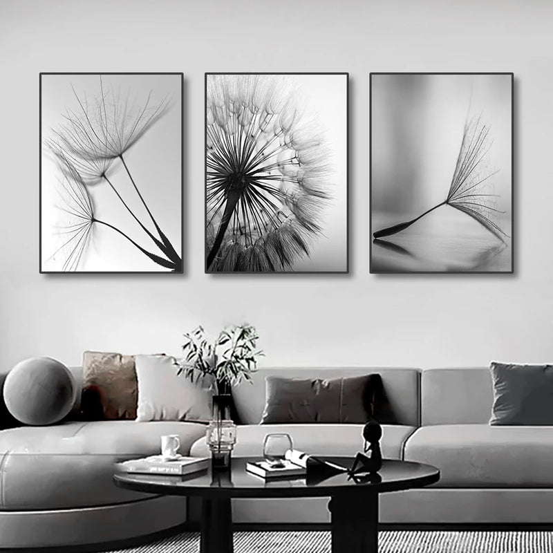 3PCS Black and White Wall Art Canvas Painting Dandelion Flower Pictures Poster and Prints Home Decorative Artworks for Kitchen