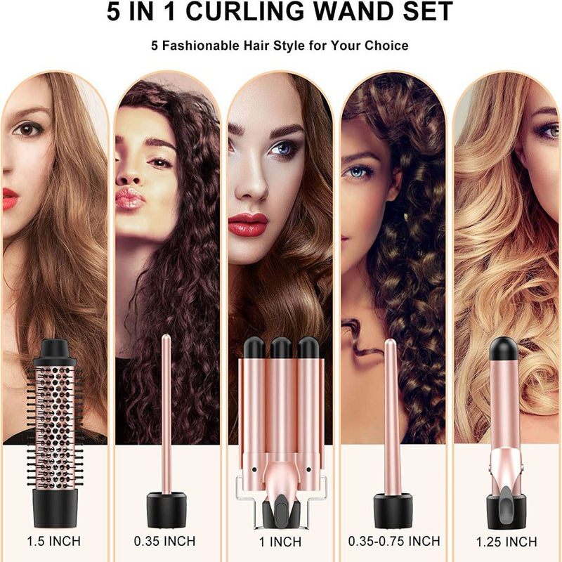 Curling Iron Set,  5 in 1 Curling Wand Set Interchangeable Triple Barrel Curling Iron and Curling Brush Ceramic Barrel Wand Curling Iron(0.35-1.25)