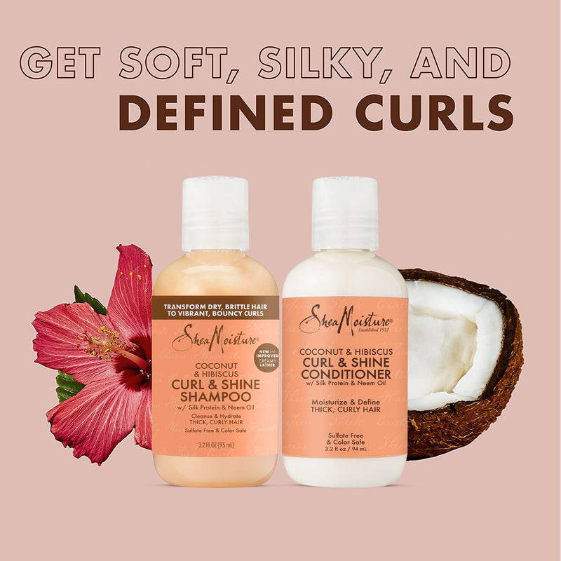 Curl & Shine Shampoo & Conditioner, Travel-Size – Coconut & Hibiscus Curly Hair Products for Shine & Frizz Control, 3.2 Oz Ea (2 Piece Set)