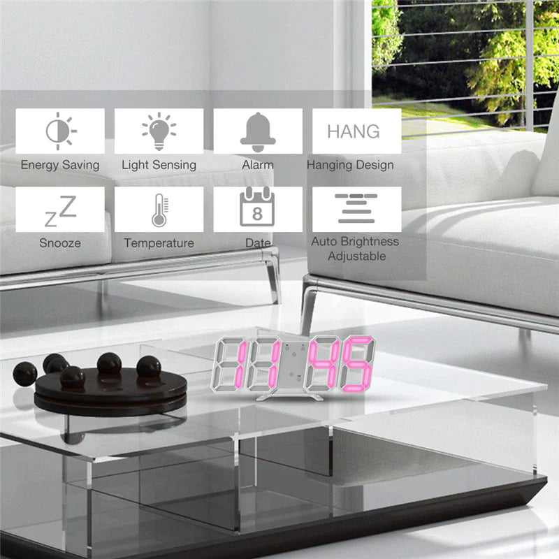 Digital 3D LED Big Wall Desk Alarm Clock Snooze 12/24 Hours Auto Brightness USB