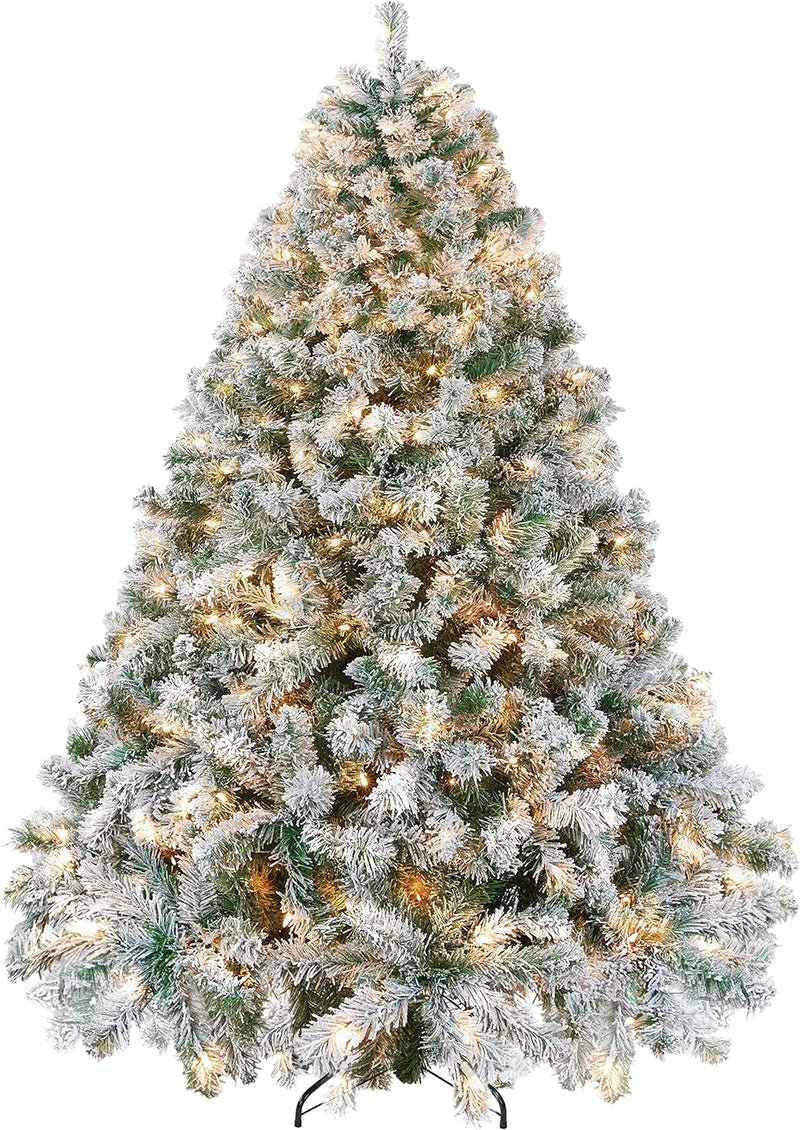 4.5Ft Pre-Lit Artificial Christmas Tree with Incandescent Warm White Lights, Snow Flocked Full Prelighted Xmas Tree W/340 Branch Tips, 150 Incandescent Lights & Foldable Stand, Green & White