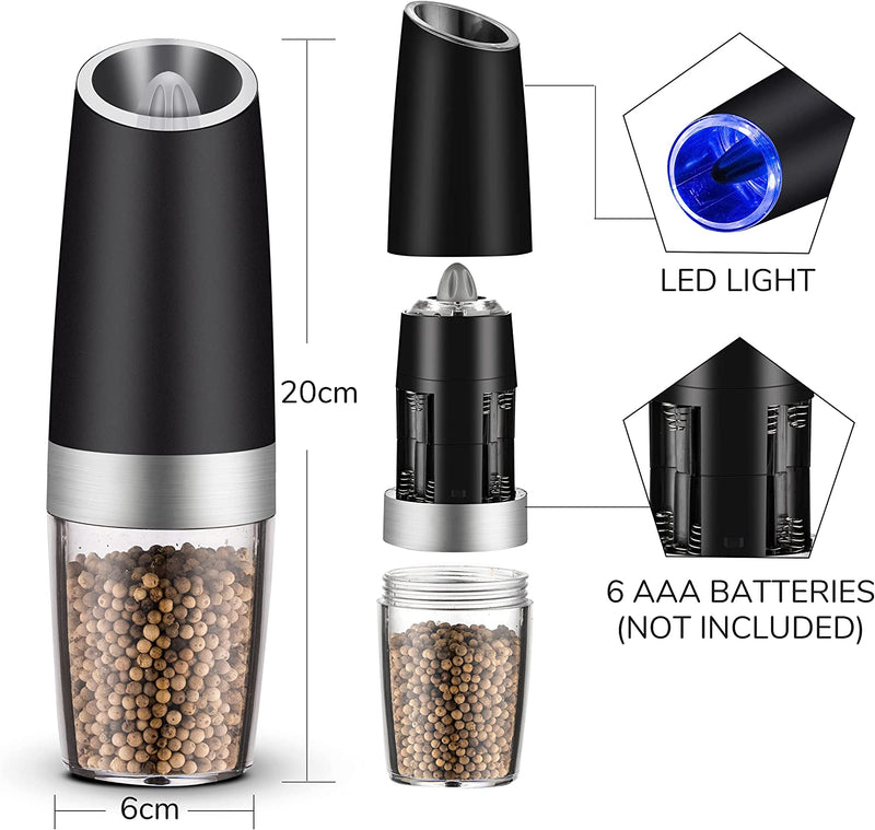 Gravity Electric Salt and Pepper Grinder Set,Battery Operated Automatic Salt and Pepper Mill Set - Blue LED Light,Adjustable Coarseness,One Handed Operation(Black 2 Pack)